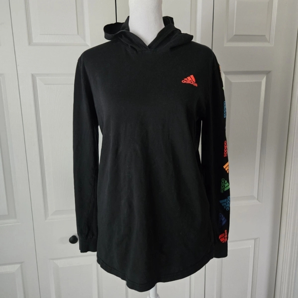 Adidas Youth Large 14 16 Black Hoodie Colorful Rainbow Graphic Sleeve Pullover